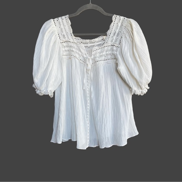 DOEN White Lightweight Square Neck Button Down Lace Puff Sleeve Anneth Blouse M - Picture 3 of 17
